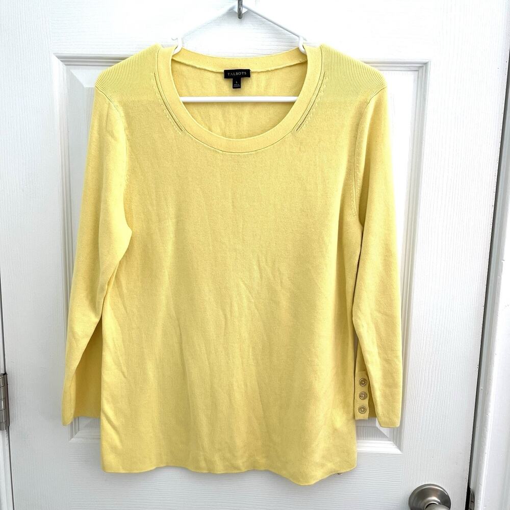 Talbots Sweater Womens Large Pointelle Yellow Fall Lux Button Accents Old Money